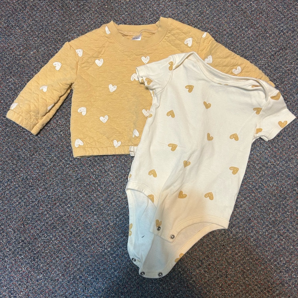 Carters sweater and short sleeved onesie set, yellow w cream hearts, size 18mo